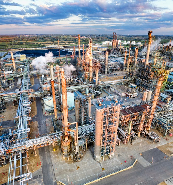 pexels photo 10396416 Stunning aerial shot of a large oil refinery in Rosemount, MN during sunset, showcasing industrial complexity.